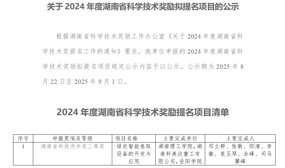 关于2024年度湖南省科学技术奖励拟提
